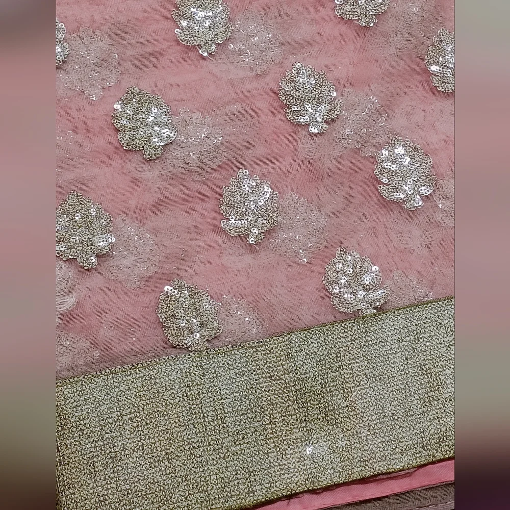 Light Pink Embellished Sequin Net Saree with stitched Blouse and Petticoat - Picture 10 of 12